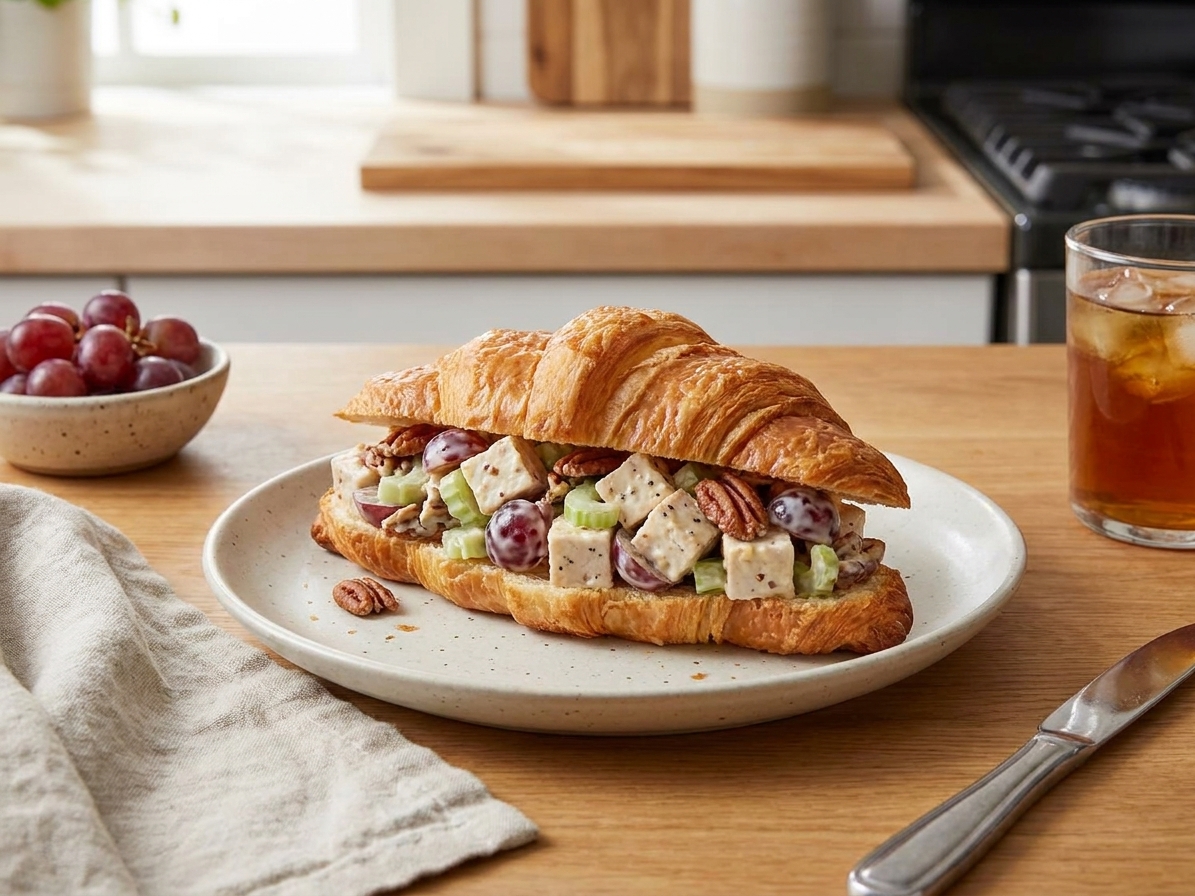 A chicken salad with grapes sandwich on a flaky croissant served on a simple plate at a kitchen table