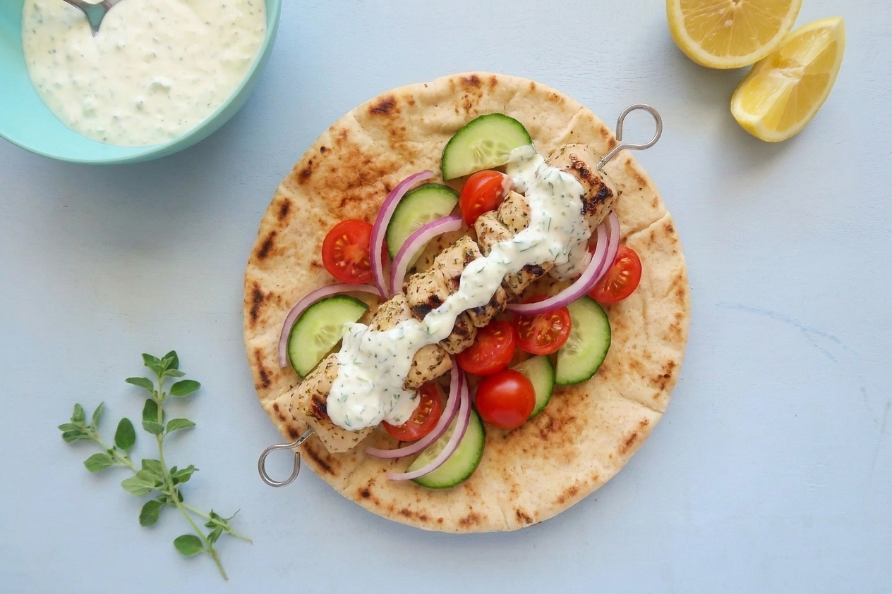 A chicken souvlaki pita stuffed with grilled chicken, tomatoes, cucumbers, red onion, and creamy cucumber yogurt sauce