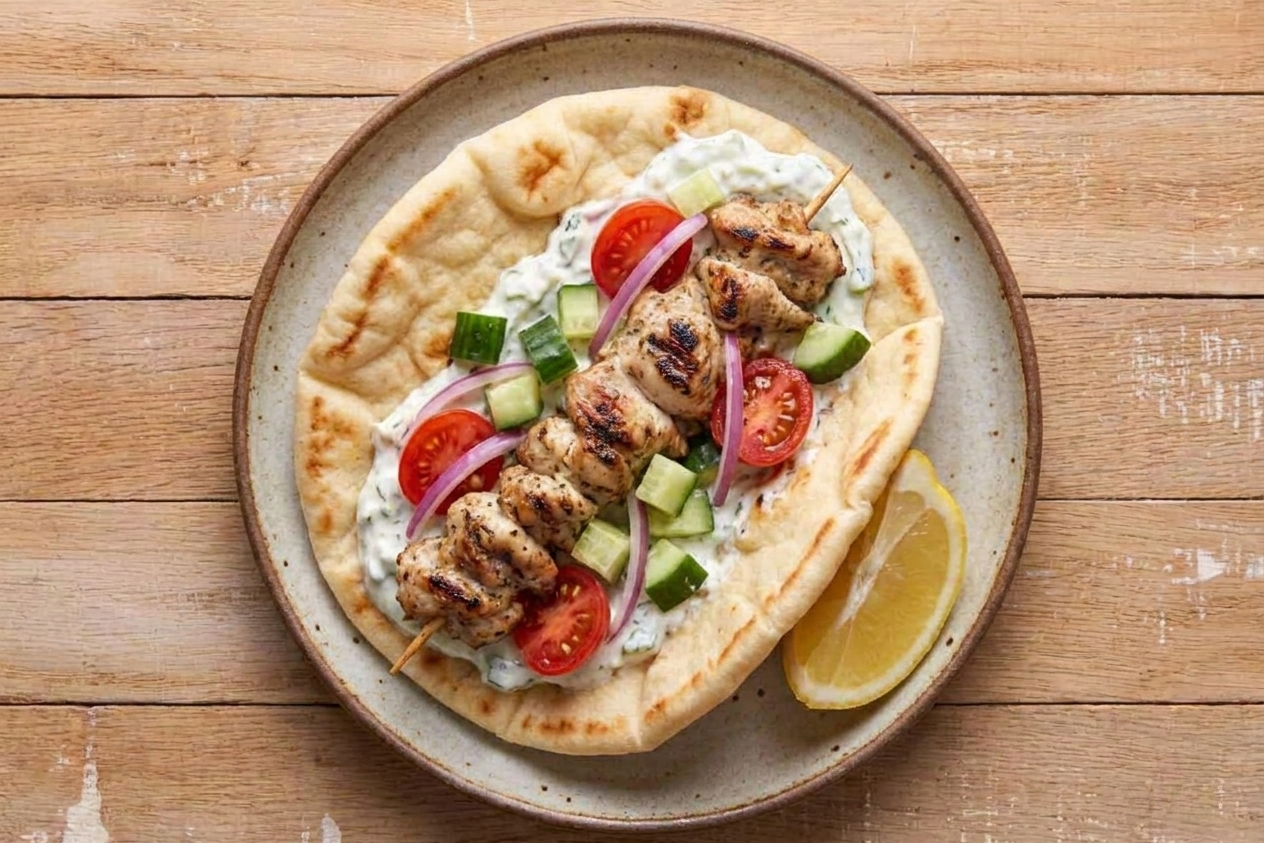 A chicken souvlaki pita wrap filled with tzatziki, tomatoes, cucumbers, and red onions on a plate with a lemon wedge