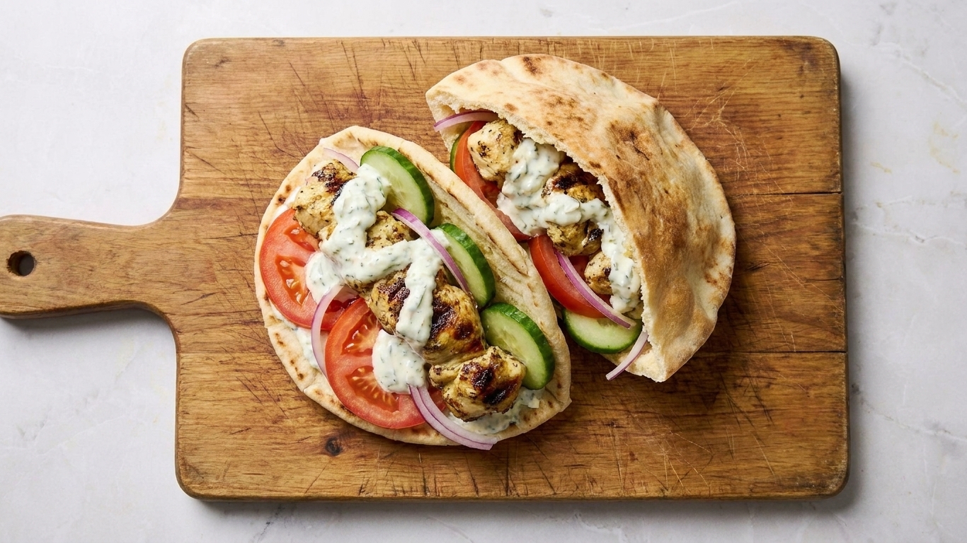 A chicken souvlaki pita wrap sliced in half, filled with tzatziki, tomato, cucumber, and red onion on a wooden cutting board