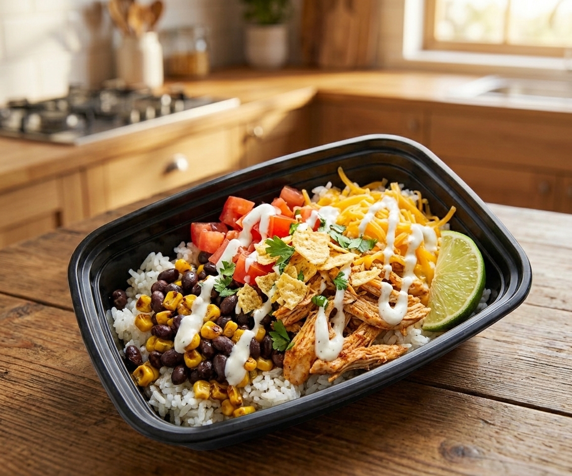 A chicken taco rice bowl topped with lime crema, cilantro, shredded cheese, black beans, corn, and crushed tortilla chips