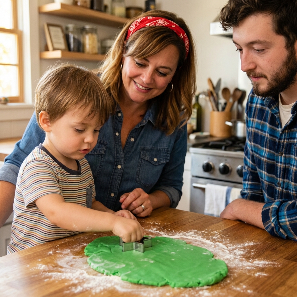 A child pressing a star cookie cutter into a sheet of green playdough on a kitchen counter