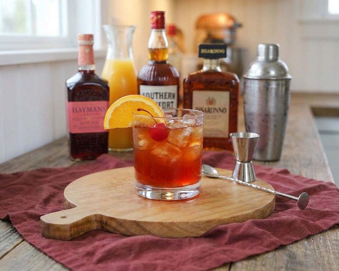 A chilled Alabama Slammer cocktail in a rocks glass with ice, an orange slice garnish, and a warm amber-red color on a cozy kitchen counter