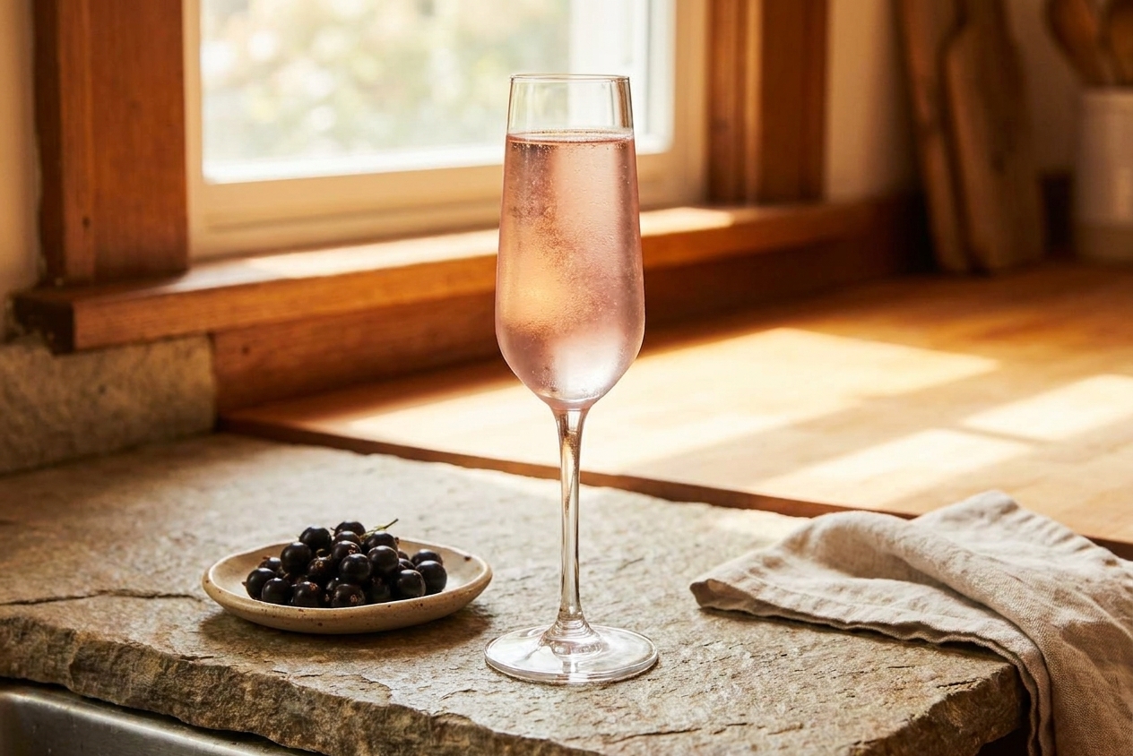 A chilled Champagne flute filled with a pale pink Kir Royale cocktail on a stone kitchen counter with a small dish of blackcurrants nearby