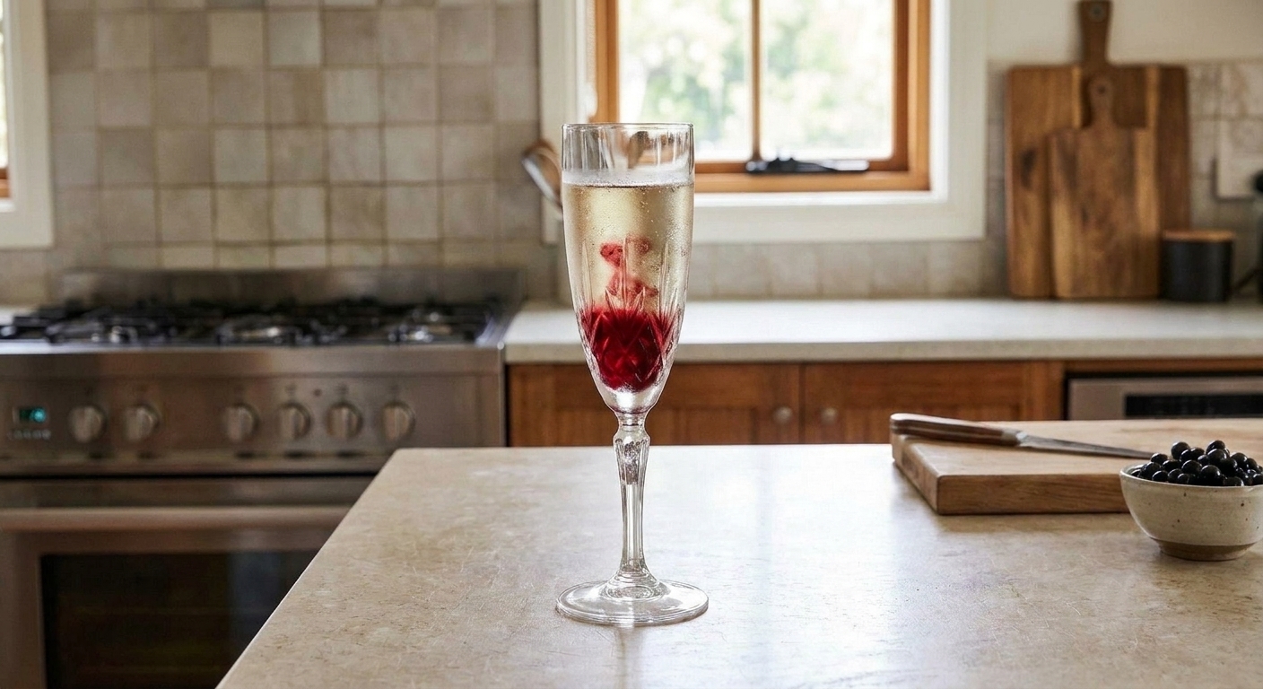 A chilled Champagne flute filled with pale sparkling wine and a deep ruby cassis swirl at the bottom on a light stone kitchen counter