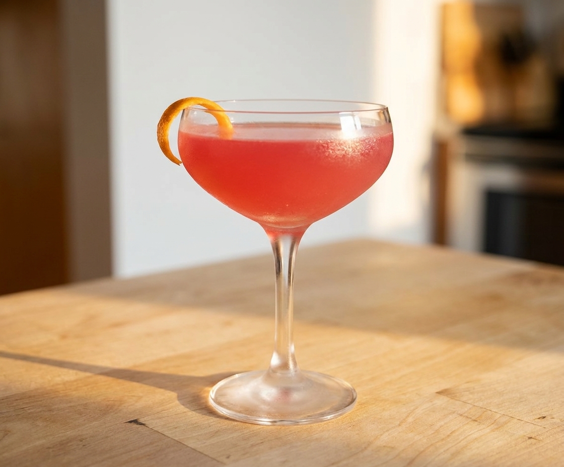 A chilled Cosmopolitan cocktail in a coupe glass with a thin orange twist on the rim, sitting on a warm-toned kitchen counter with soft evening light