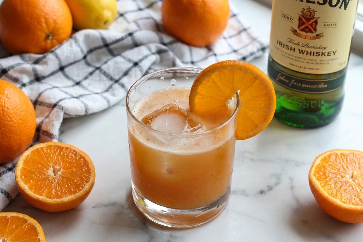 A chilled Jameson orange whiskey sour in a rocks glass with a large clear ice cube, a thin orange wheel garnish, and a light foamy top
