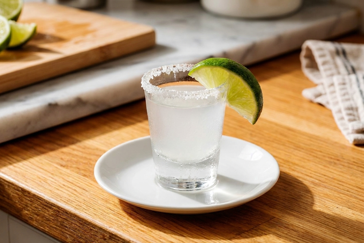 A chilled Kamikaze shot in a clear shot glass with a sugared rim and a lime wedge on a small white plate on a warm kitchen counter