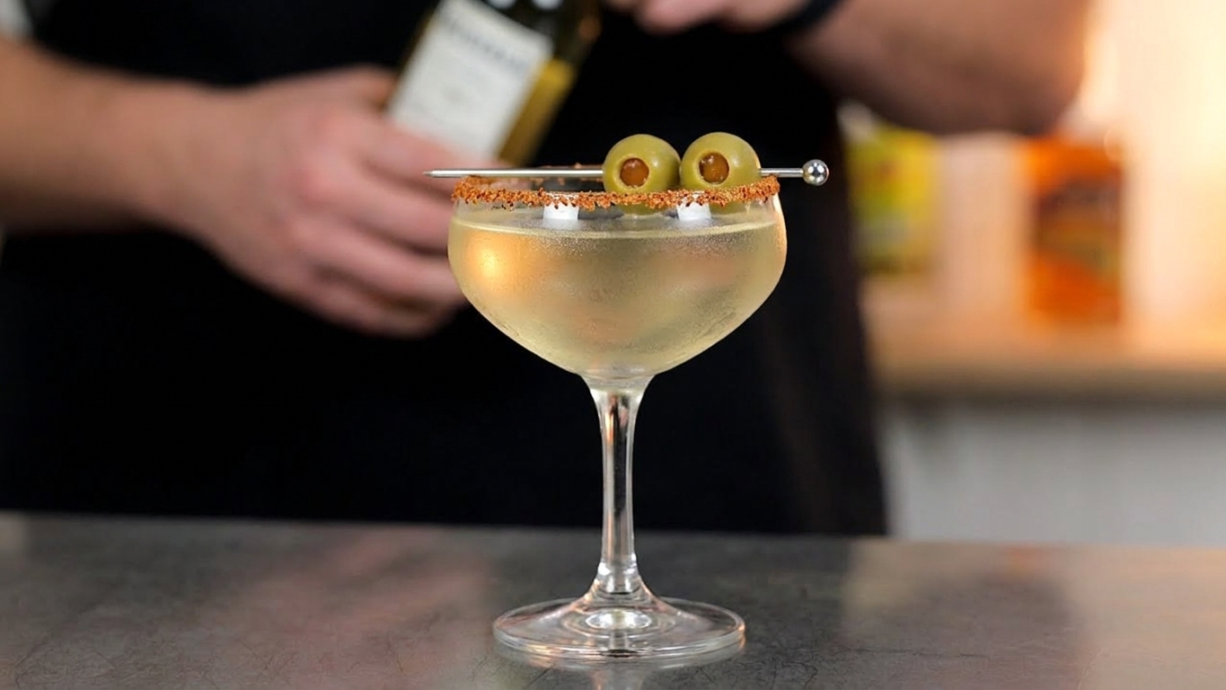A chilled Mexican martini in a stemmed cocktail glass with a Tajín rim, pale golden tequila cocktail inside, and two green stuffed olives on a pick resting across the rim on a warm kitchen counter