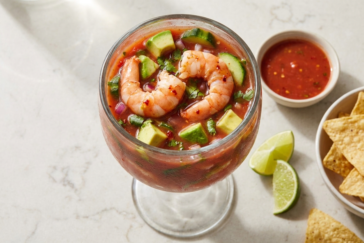 A chilled Mexican shrimp cocktail served in a clear glass goblet with shrimp, avocado chunks, cucumber, tomato-lime sauce, and cilantro on a bright kitchen counter