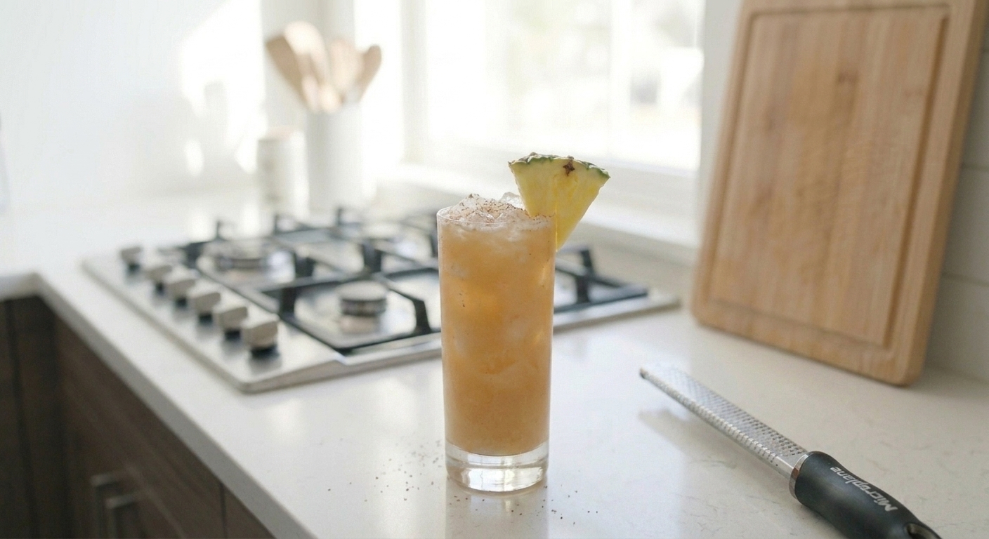 A chilled Painkiller cocktail in a tall glass filled with crushed ice, topped with freshly grated nutmeg and a pineapple wedge on a light stone kitchen counter