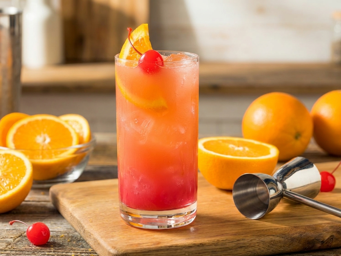 A chilled Sex on the Beach cocktail in a tall highball glass with ice, a deep pink to orange gradient, and an orange slice garnish on a sunlit kitchen counter