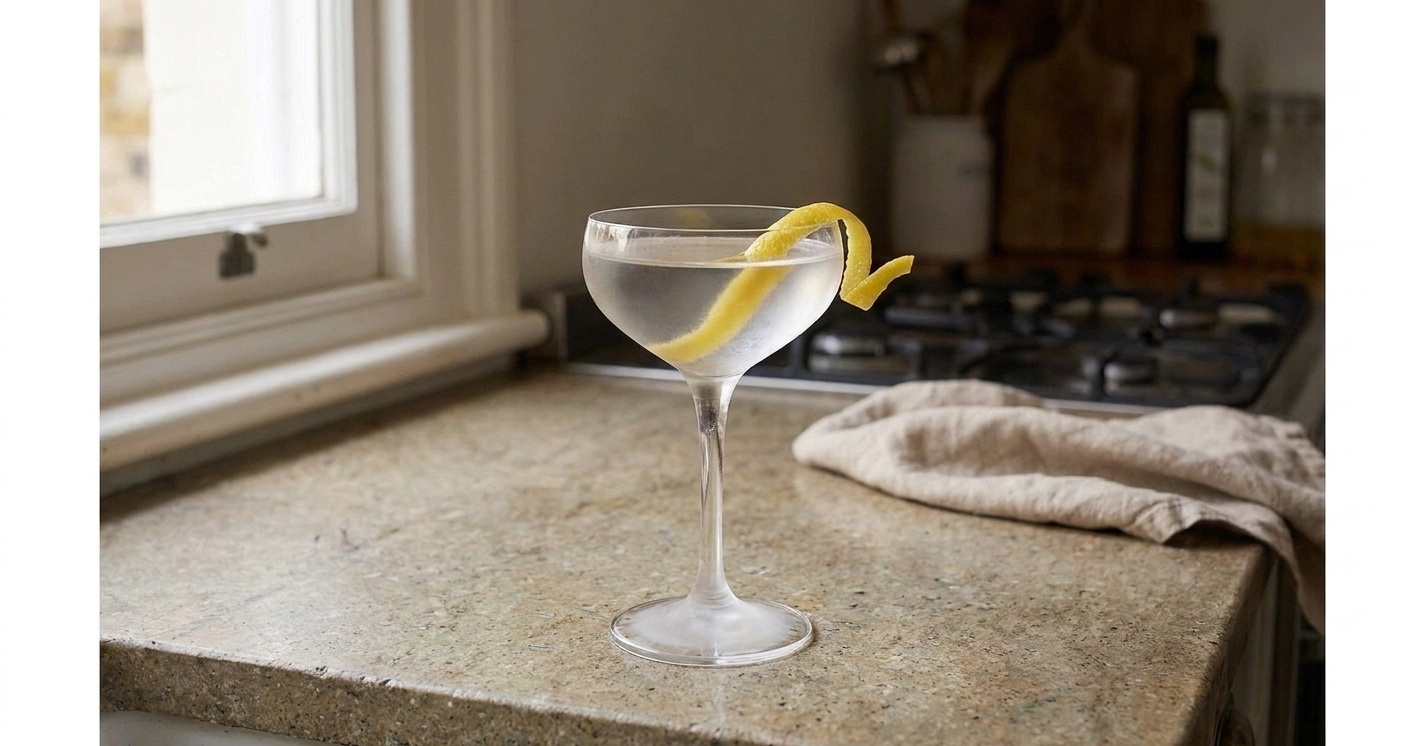A chilled Vesper martini in a coupe glass with a long lemon twist on a neutral stone kitchen counter, soft natural window light