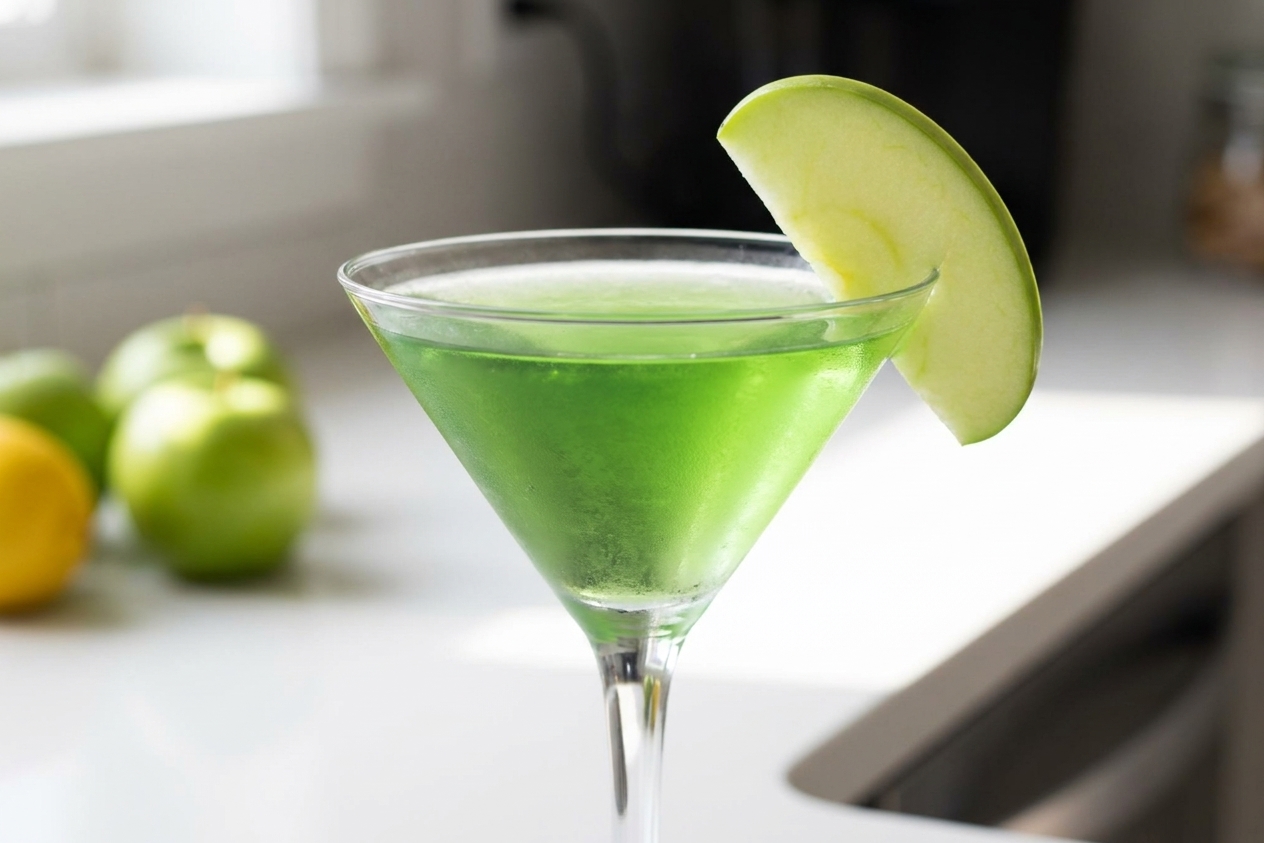 A chilled appletini in a classic V-shaped martini glass with a thin green apple slice garnish on a white kitchen counter, soft natural light