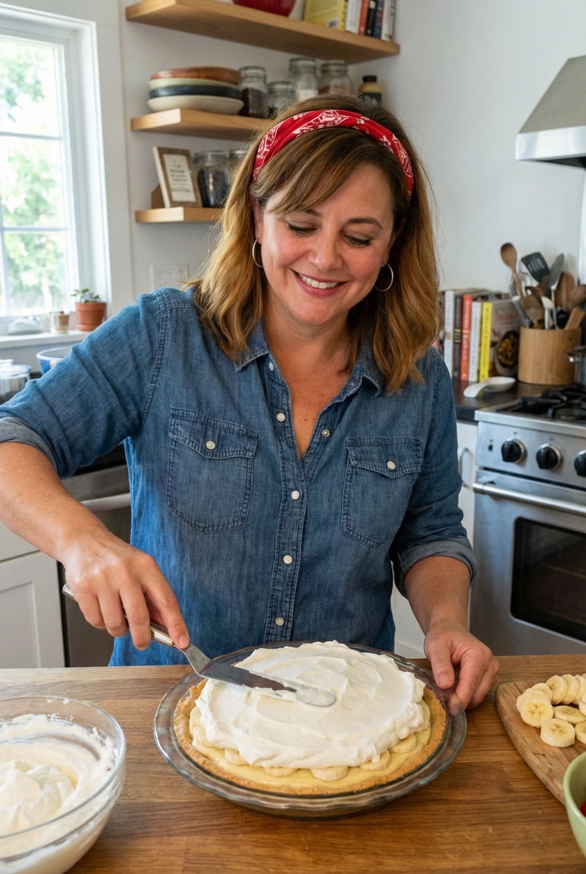 A chilled banana cream pie being topped with whipped cream using a spatula in a home kitchen