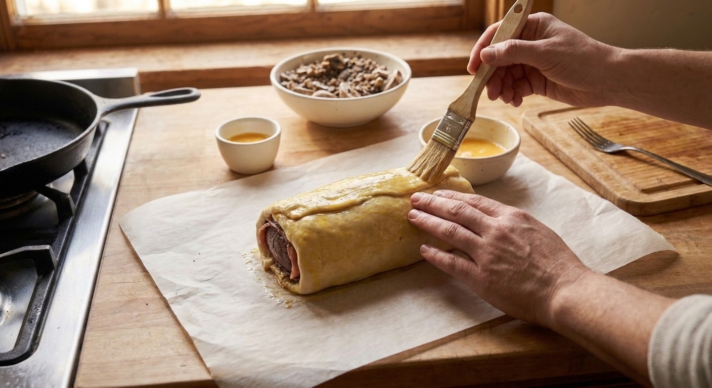 A chilled beef and prosciutto roll being wrapped in puff pastry on parchment paper, hands sealing the seam with egg wash on a kitchen counter