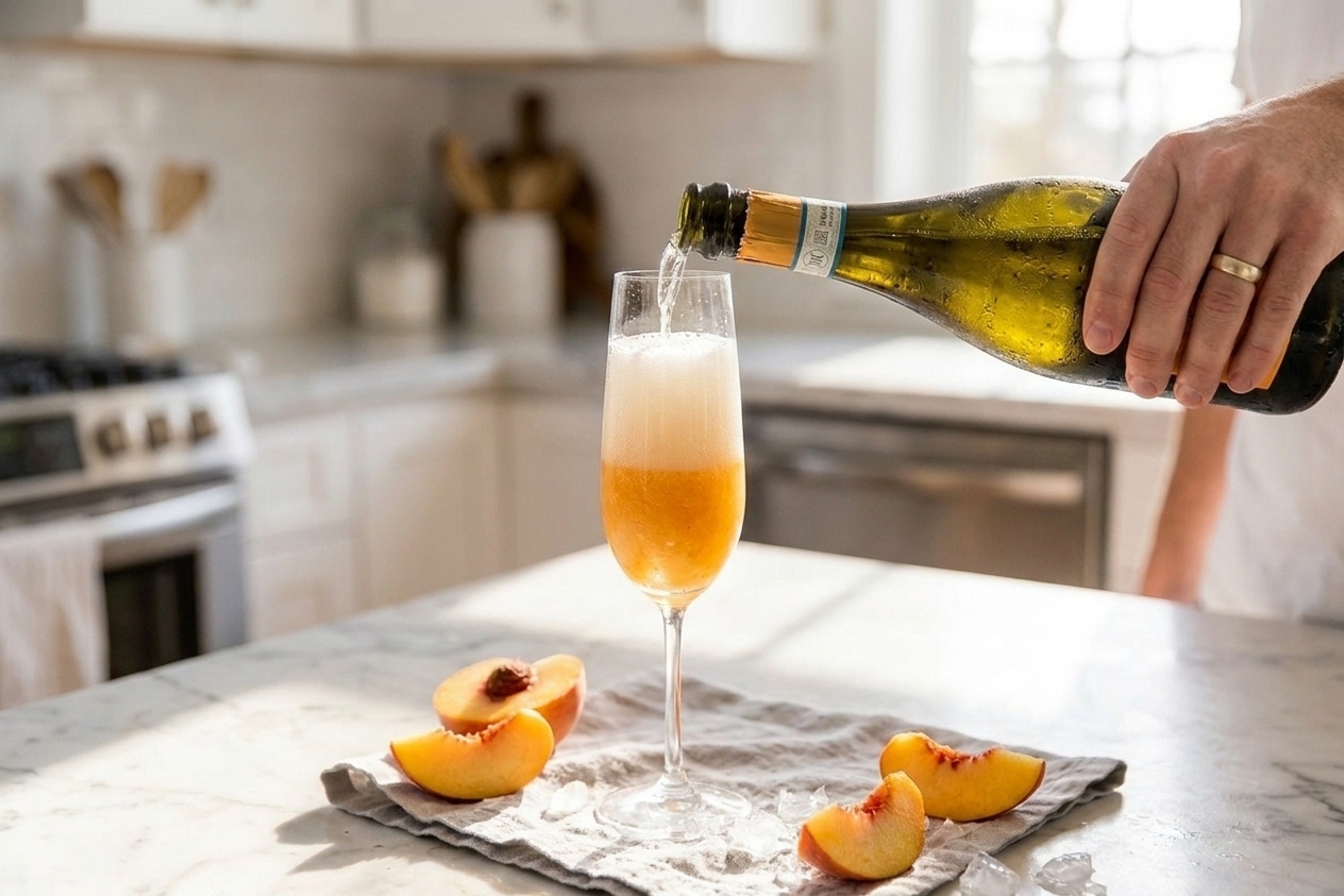 A chilled bottle of Prosecco being poured into a champagne flute with peach puree at the bottom, bubbles rising to the top