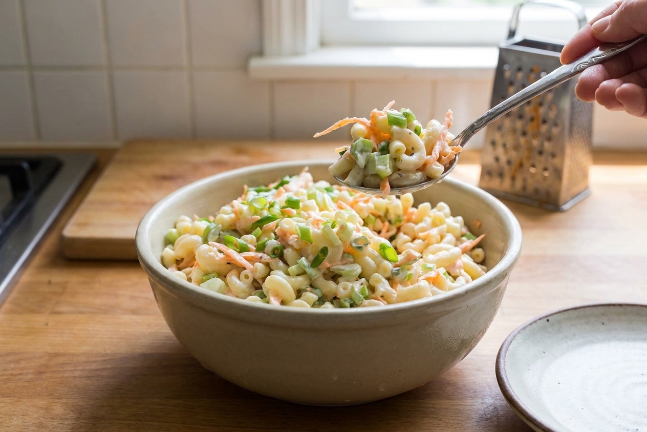 A chilled bowl of Hawaiian macaroni salad being served with a spoon at a simple kitchen table setting