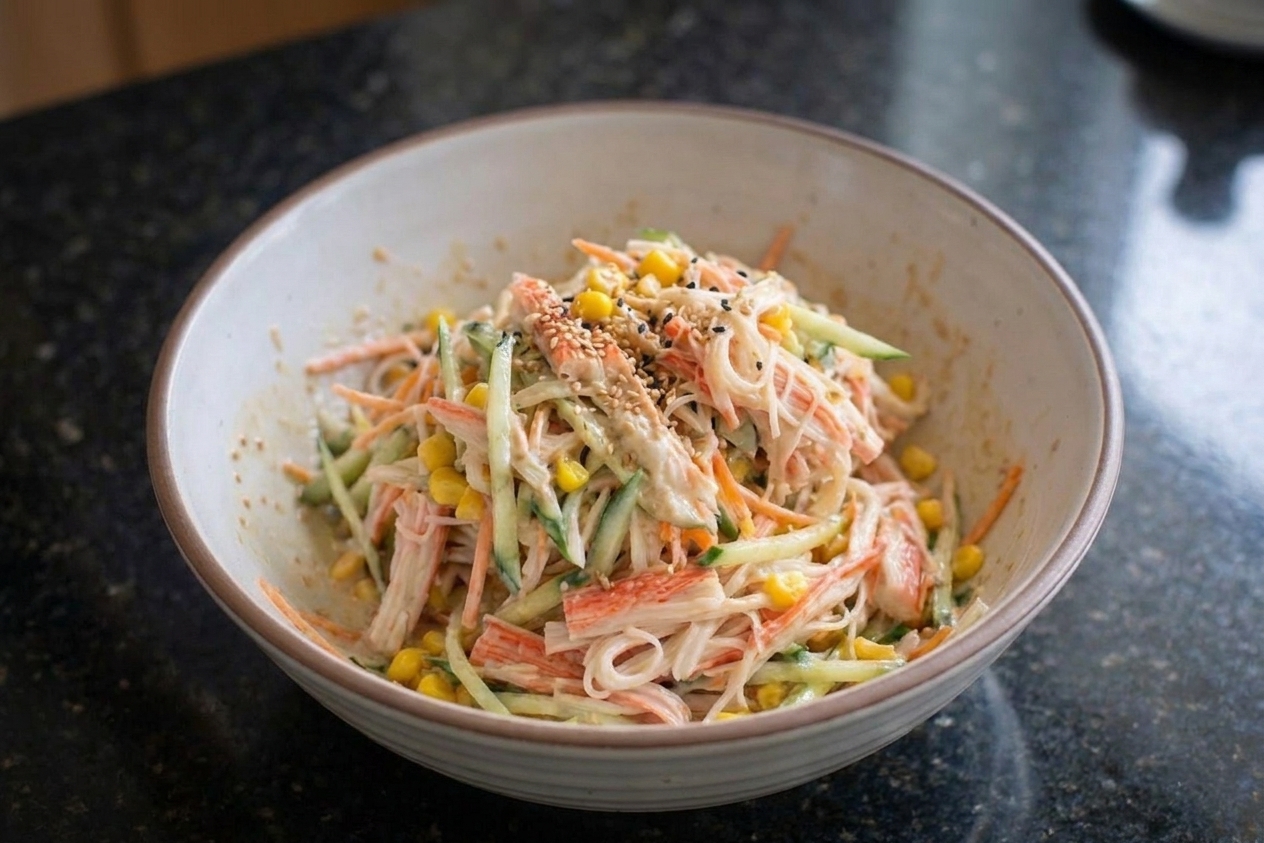 A chilled bowl of kani salad with shredded imitation crab, sliced cucumber, and sesame seeds on a kitchen table