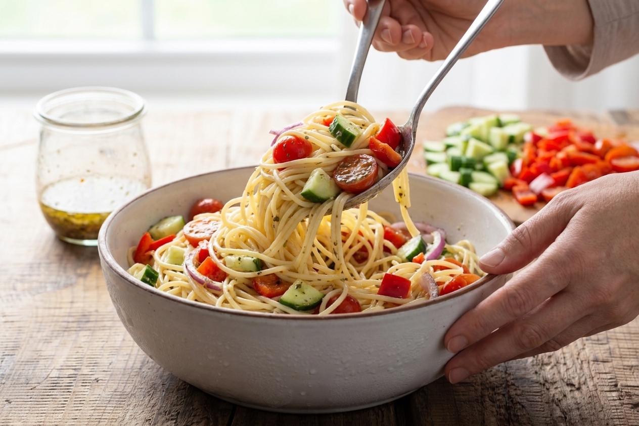 A chilled bowl of spaghetti salad being tossed with a large serving spoon on a kitchen counter