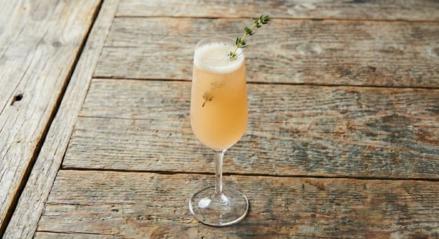 A chilled champagne flute filled with a pale peach Bellini, garnished with a thyme sprig on a wooden kitchen counter