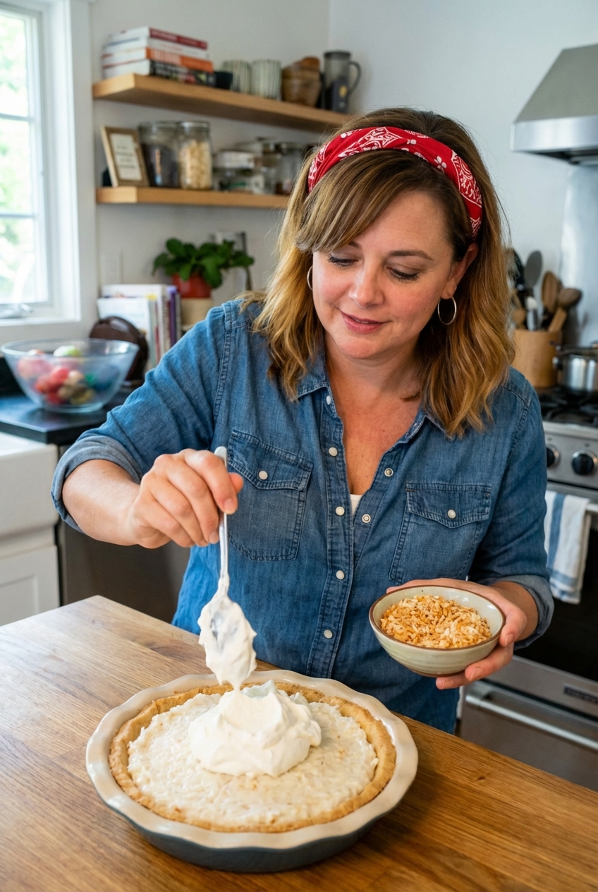 A chilled coconut cream pie being topped with whipped cream and a sprinkle of toasted coconut