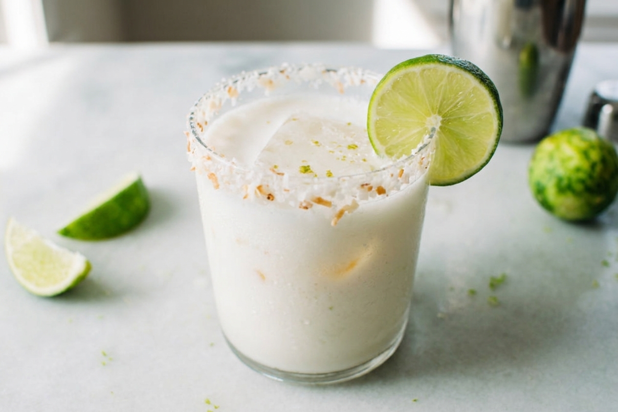A chilled coconut margarita in a salt-and-toasted-coconut rimmed glass on a bright kitchen counter, garnished with a lime wheel