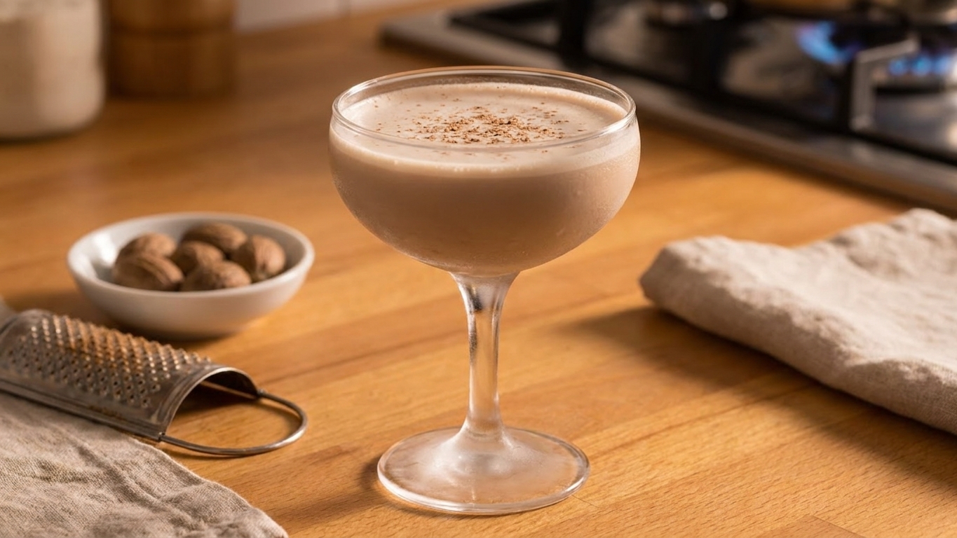 A chilled coupe glass filled with a pale cocoa-tinted Brandy Alexander cocktail, lightly frothy on top with freshly grated nutmeg, set on a warm kitchen counter with soft evening light