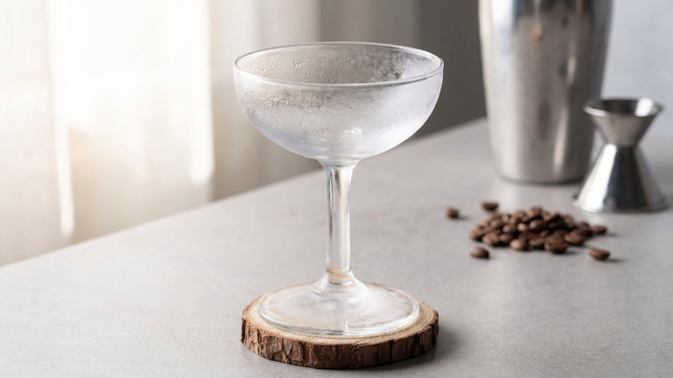 A chilled coupe glass on a kitchen counter with soft natural light, ready for an espresso martini