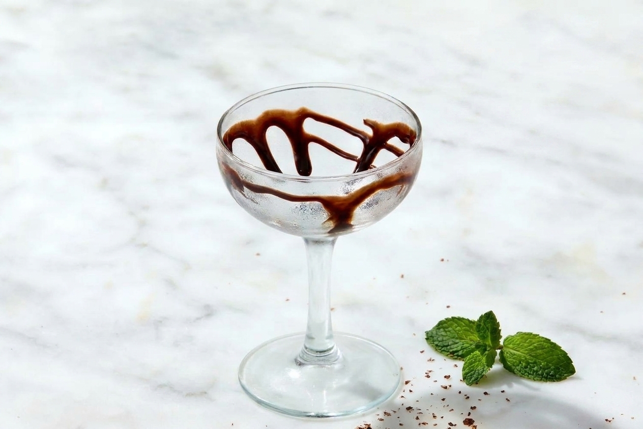 A chilled coupe glass with chocolate syrup swirled along the inside, sitting on a stone countertop