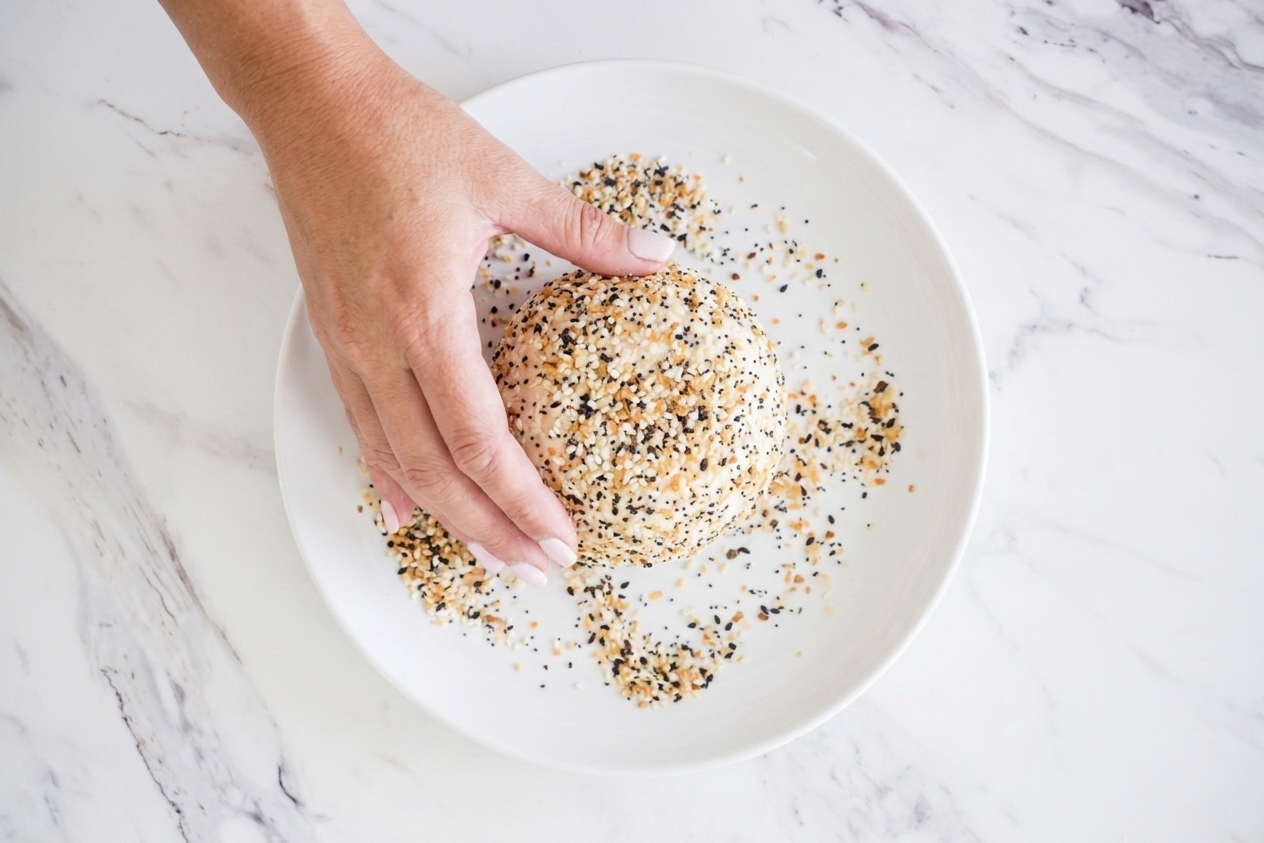 A chilled cream cheese ball being rolled in everything bagel seasoning on a white plate