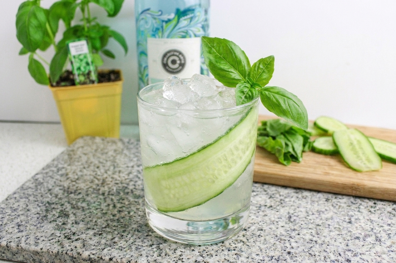 A chilled cucumber basil gin smash in a rocks glass packed with crushed ice, garnished with a cucumber ribbon and a basil sprig on a light stone kitchen counter