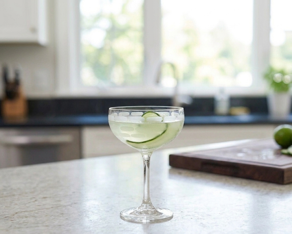 A chilled cucumber gin gimlet in a coupe glass with a thin cucumber ribbon garnish on a light stone kitchen counter, soft natural window light