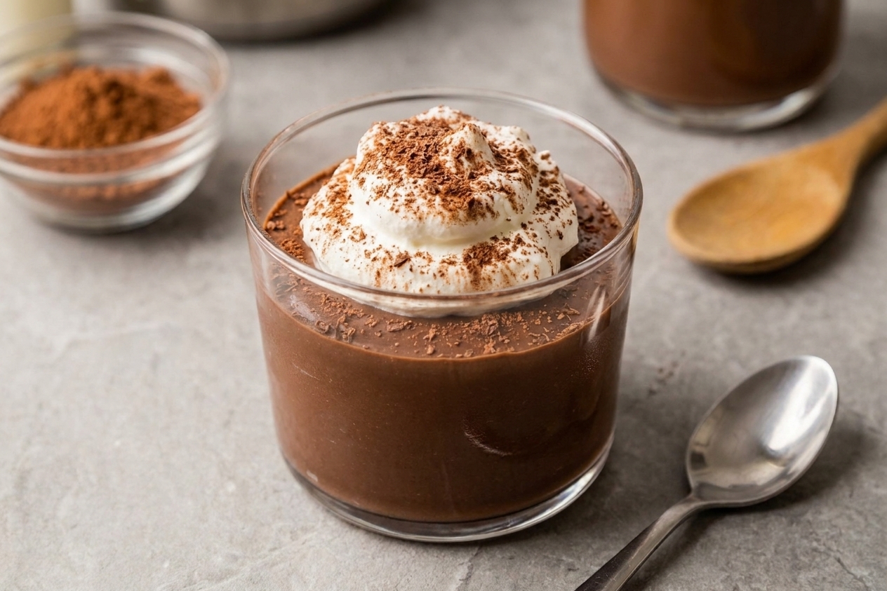 A chilled cup of chocolate coco pudding topped with whipped cream and a sprinkle of cocoa on a simple table setting.