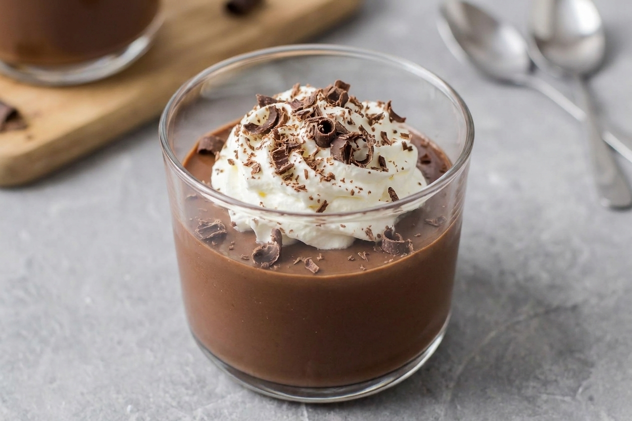 A chilled cup of chocolate pudding topped with a swirl of whipped cream and chocolate shavings