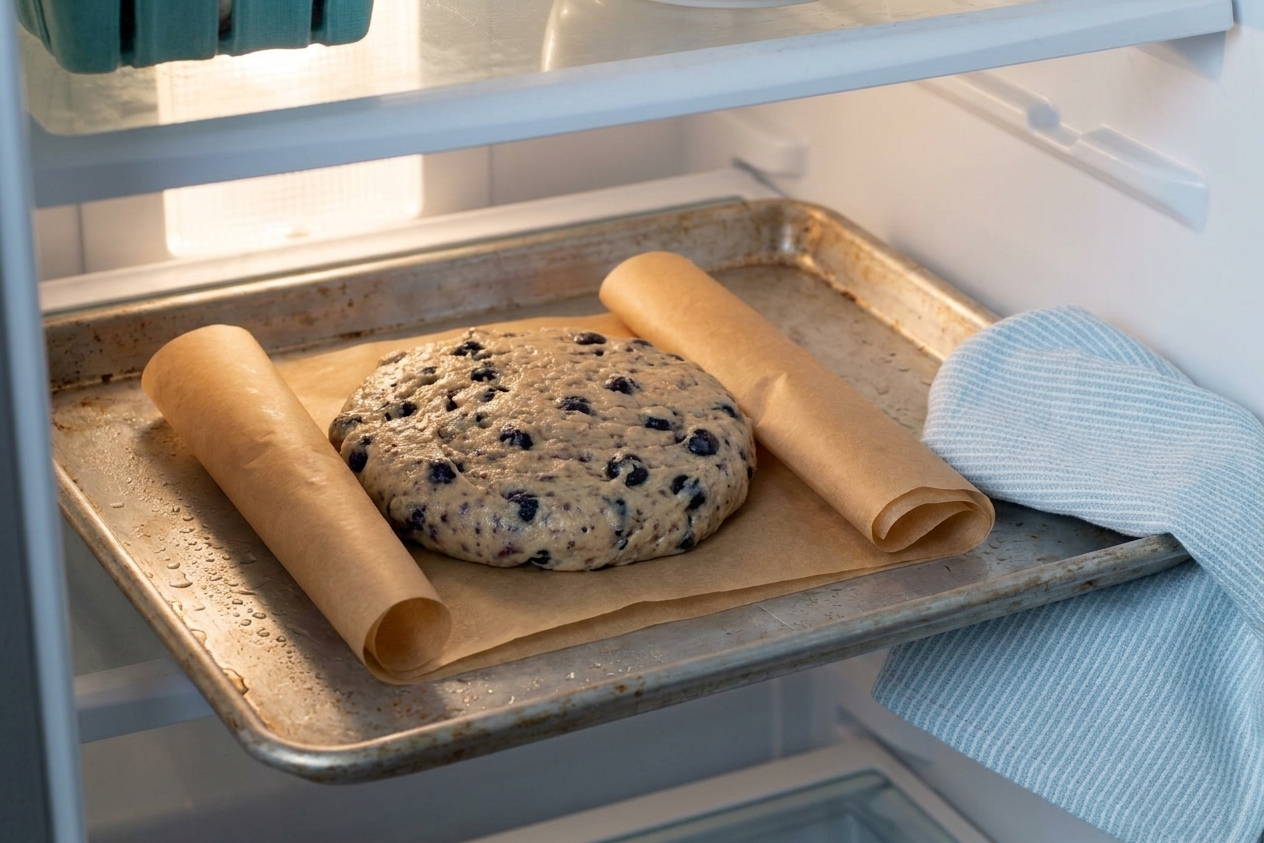 A chilled disk of cake donut dough wrapped in parchment on a sheet pan inside a refrigerator