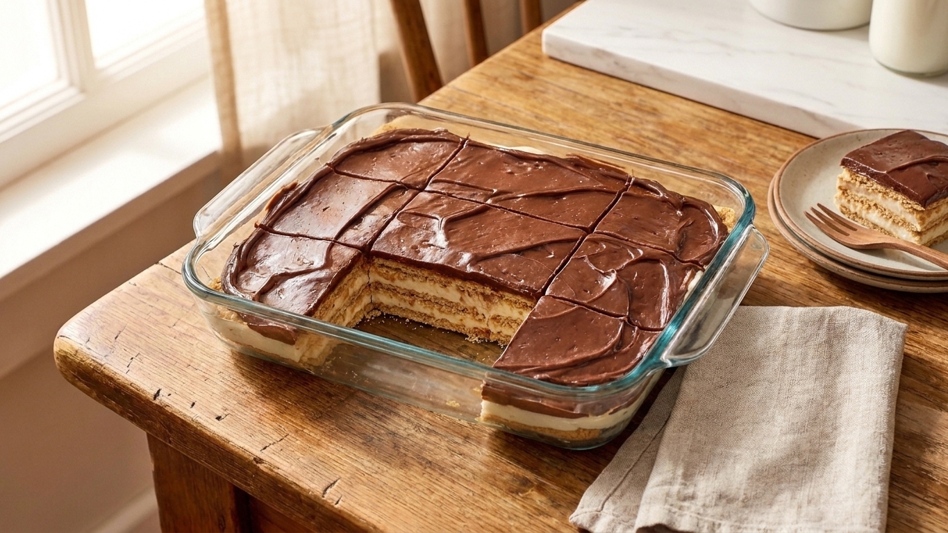 A chilled eclair cake in a glass baking dish with a glossy chocolate topping and clean sliced squares, set on a bright kitchen counter