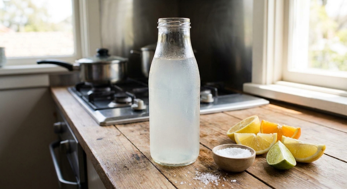 A chilled electrolyte drink in a clear bottle on a kitchen table with condensation, next to a small bowl of flaky salt and citrus wedges