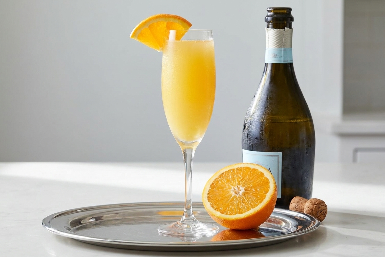 A chilled flute of classic mimosa with a pale orange color on a bright kitchen counter, with a halved orange and a bottle of sparkling wine nearby
