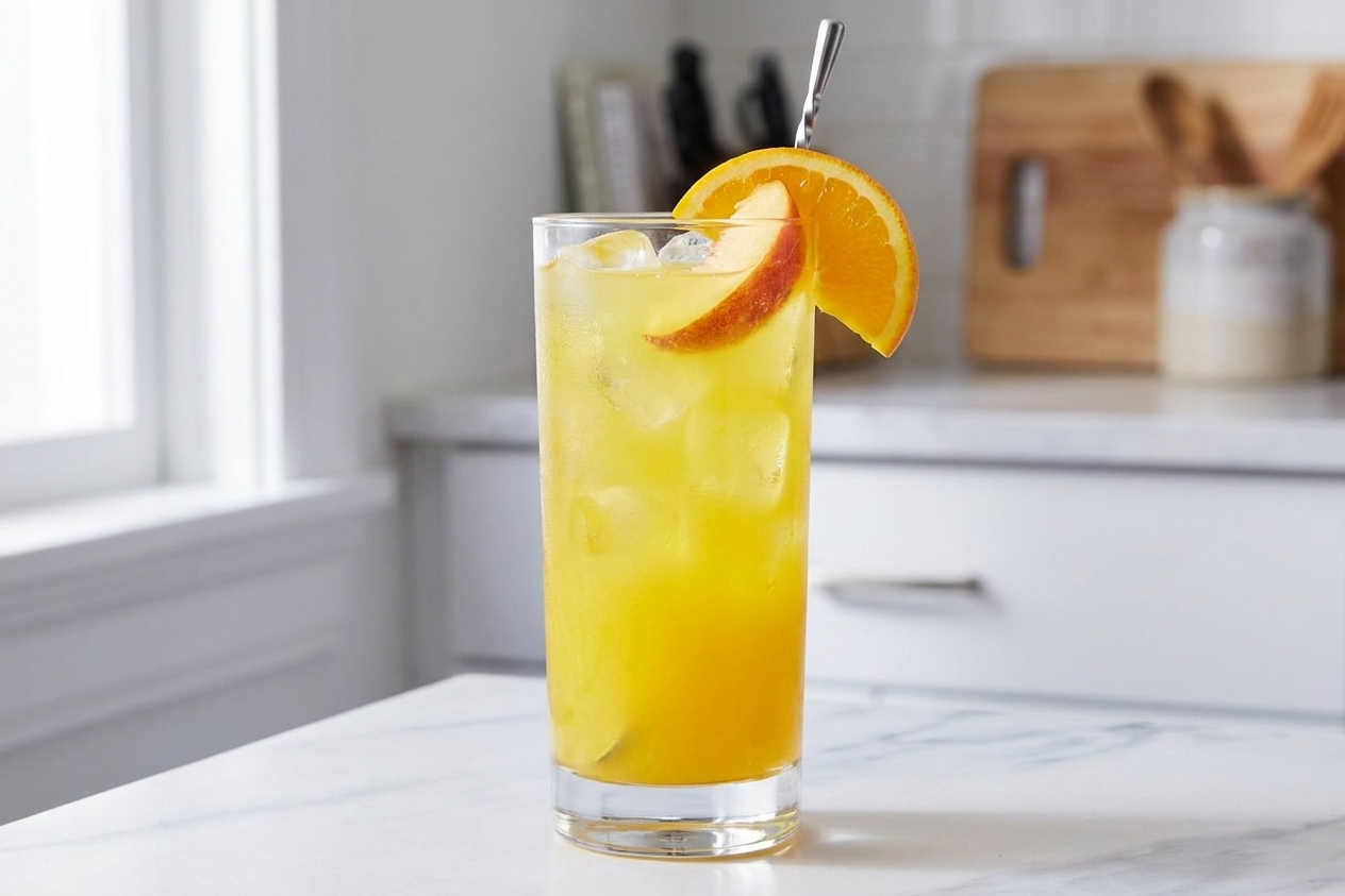 A chilled fuzzy navel cocktail in a tall glass filled with ice, orange slice on the rim, and a peach wedge on a neutral kitchen counter with soft natural light
