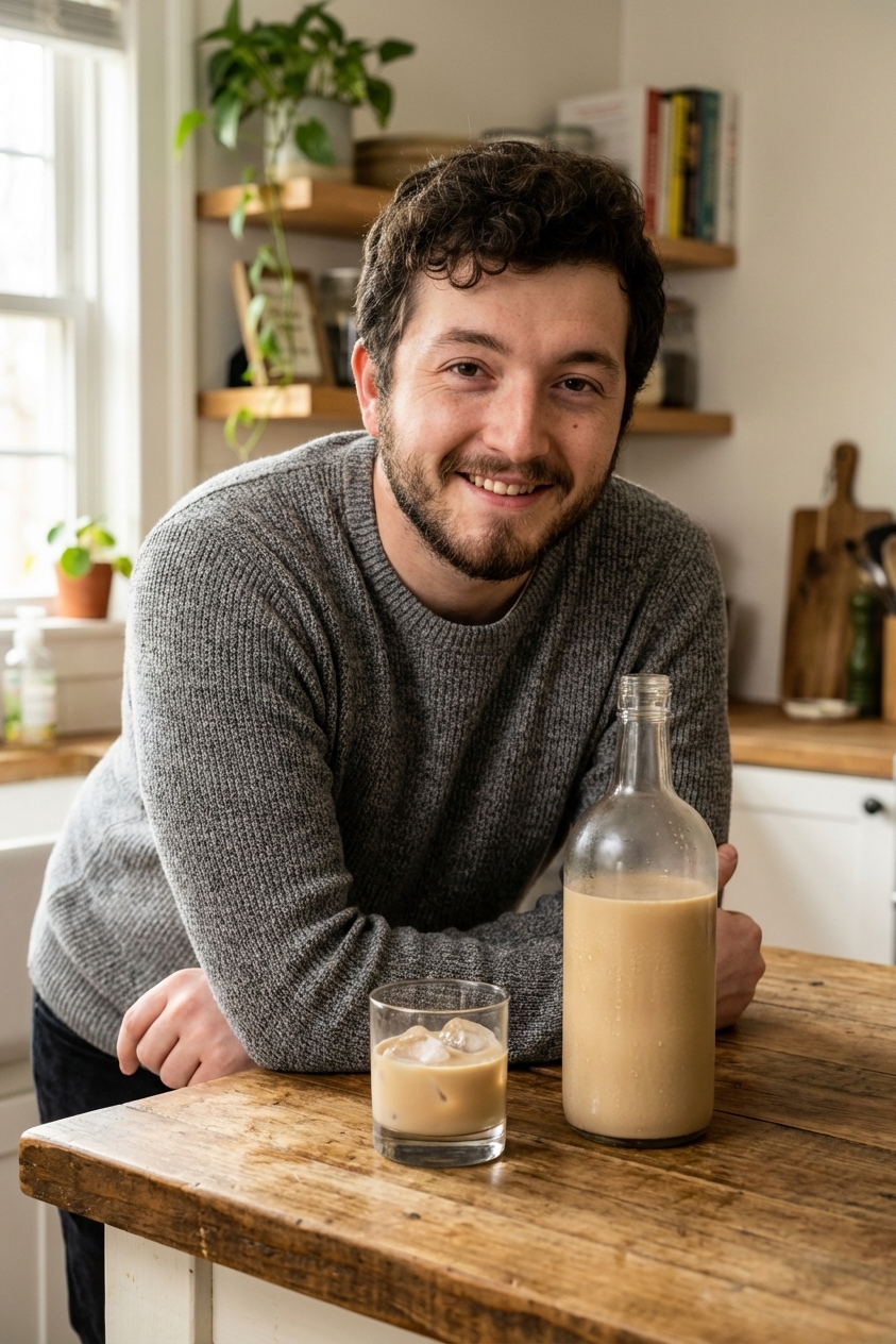 A chilled glass bottle of homemade Irish cream liqueur on a wooden kitchen counter with a small tumbler filled with Irish cream and ice beside it, soft natural window light, cozy home kitchen background, photorealistic
