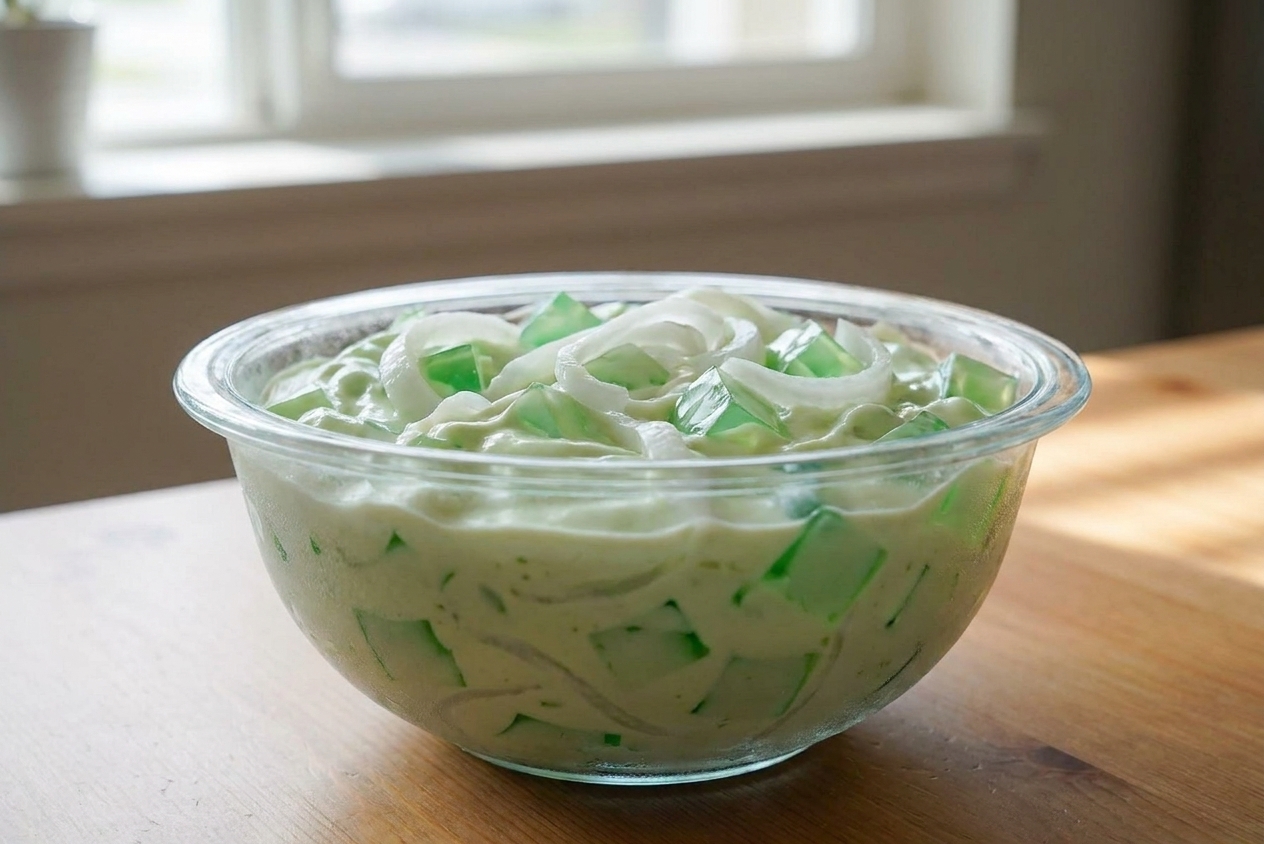 A chilled glass bowl of buko pandan with pale green pandan jelly cubes, strips of young coconut, and a creamy coconut mixture on a light kitchen table