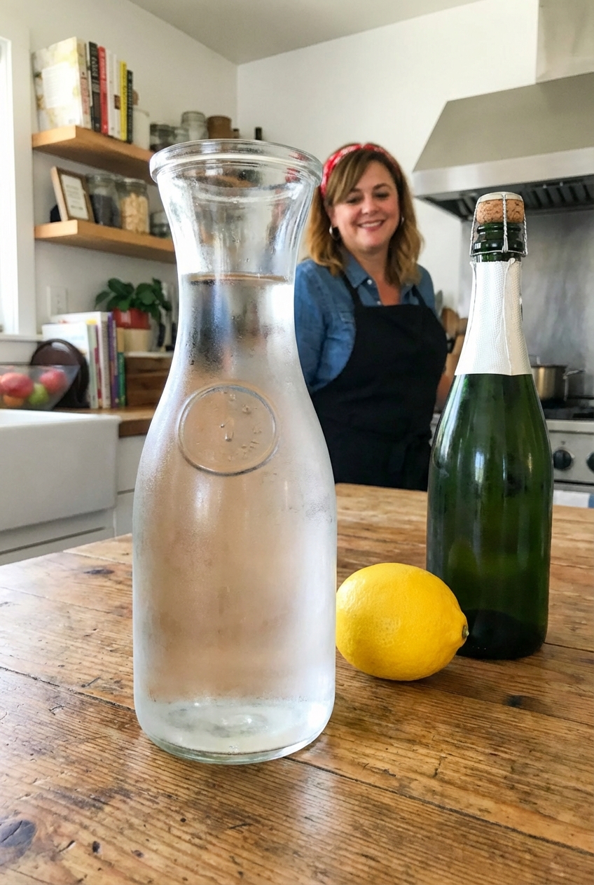 A chilled glass carafe of clear tomato water next to a lemon and a bottle of sparkling wine on a kitchen counter