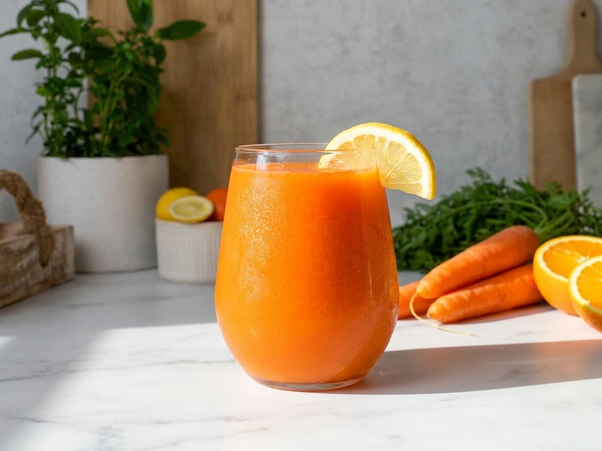 A chilled glass of bright orange carrot juice with a lemon wedge on the rim on a sunlit kitchen counter, with carrots and oranges softly blurred in the background