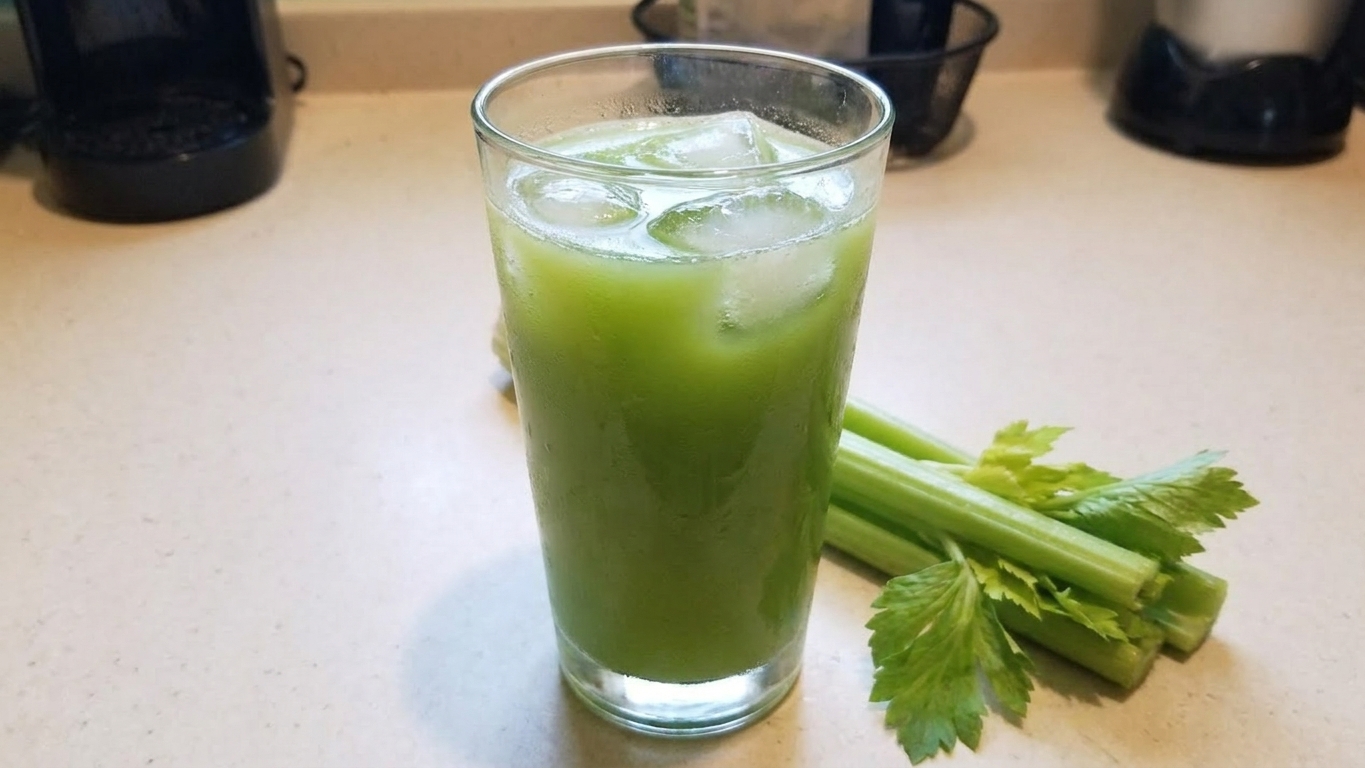 A chilled glass of celery juice with ice cubes on a simple table setting, soft natural light