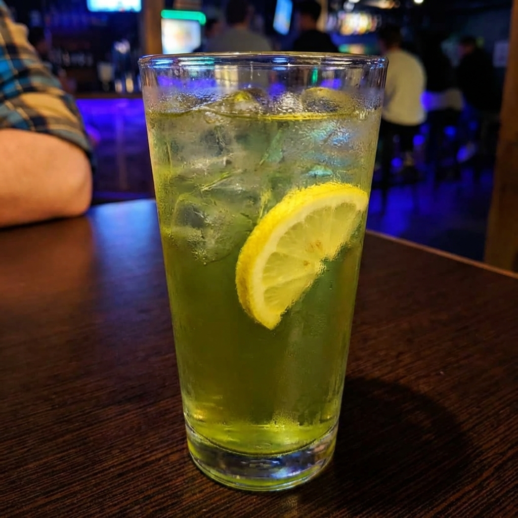 A chilled glass of iced green tea with lemon on a table