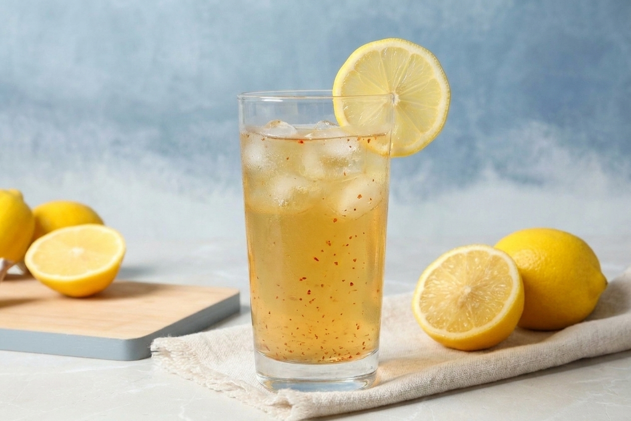 A chilled glass of lemon-maple cayenne drink on a kitchen table with a simple napkin and a lemon half nearby