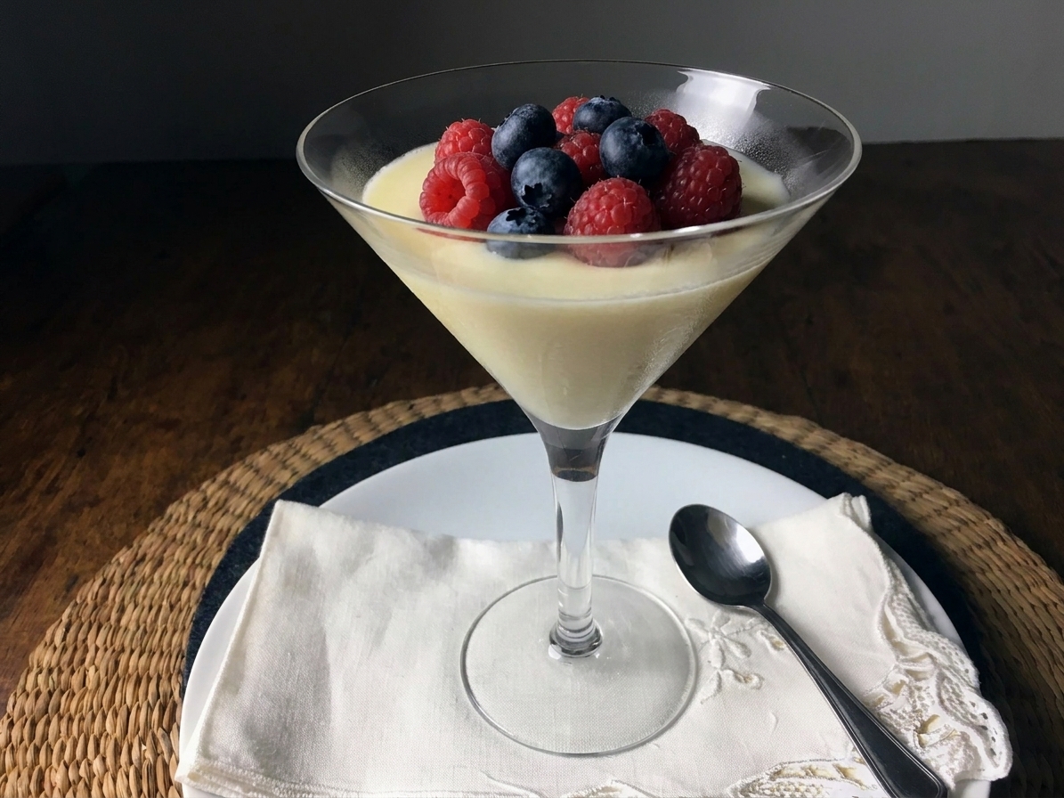 A chilled glass of lemon posset topped with fresh raspberries and blueberries on a simple table setting with a small spoon