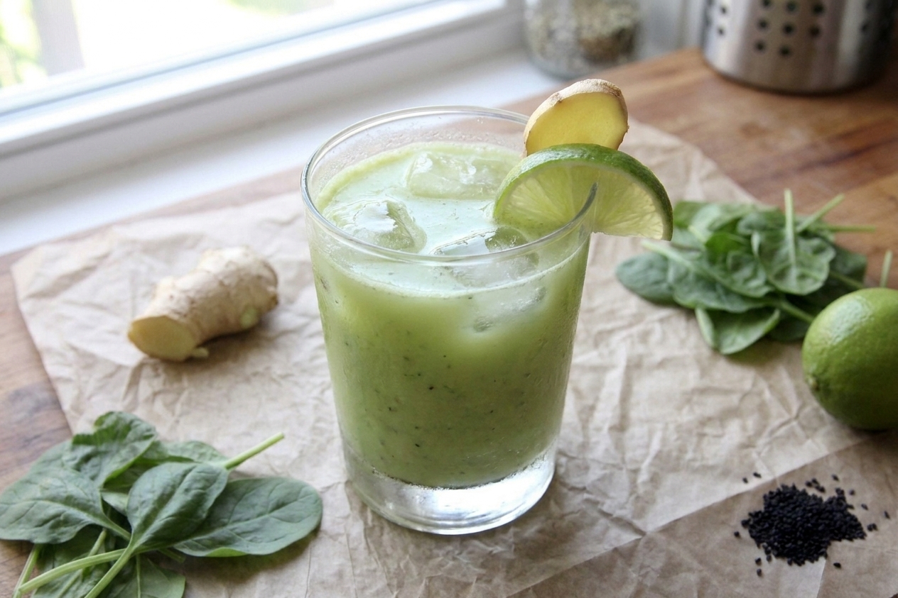 A chilled glass of pale green citrus ginger juice with ice cubes on a simple table setting near a sunny kitchen window