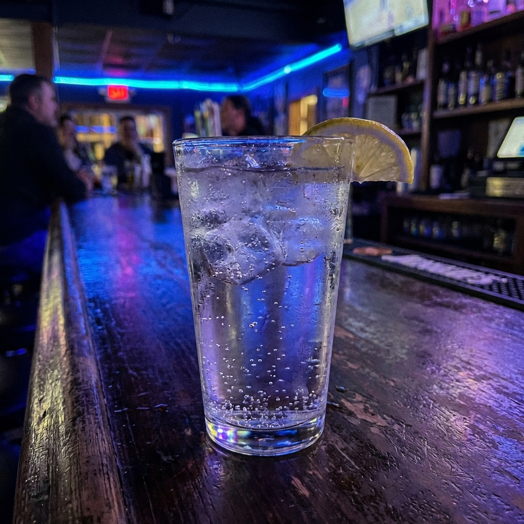 A chilled glass of sparkling water with a lemon wedge